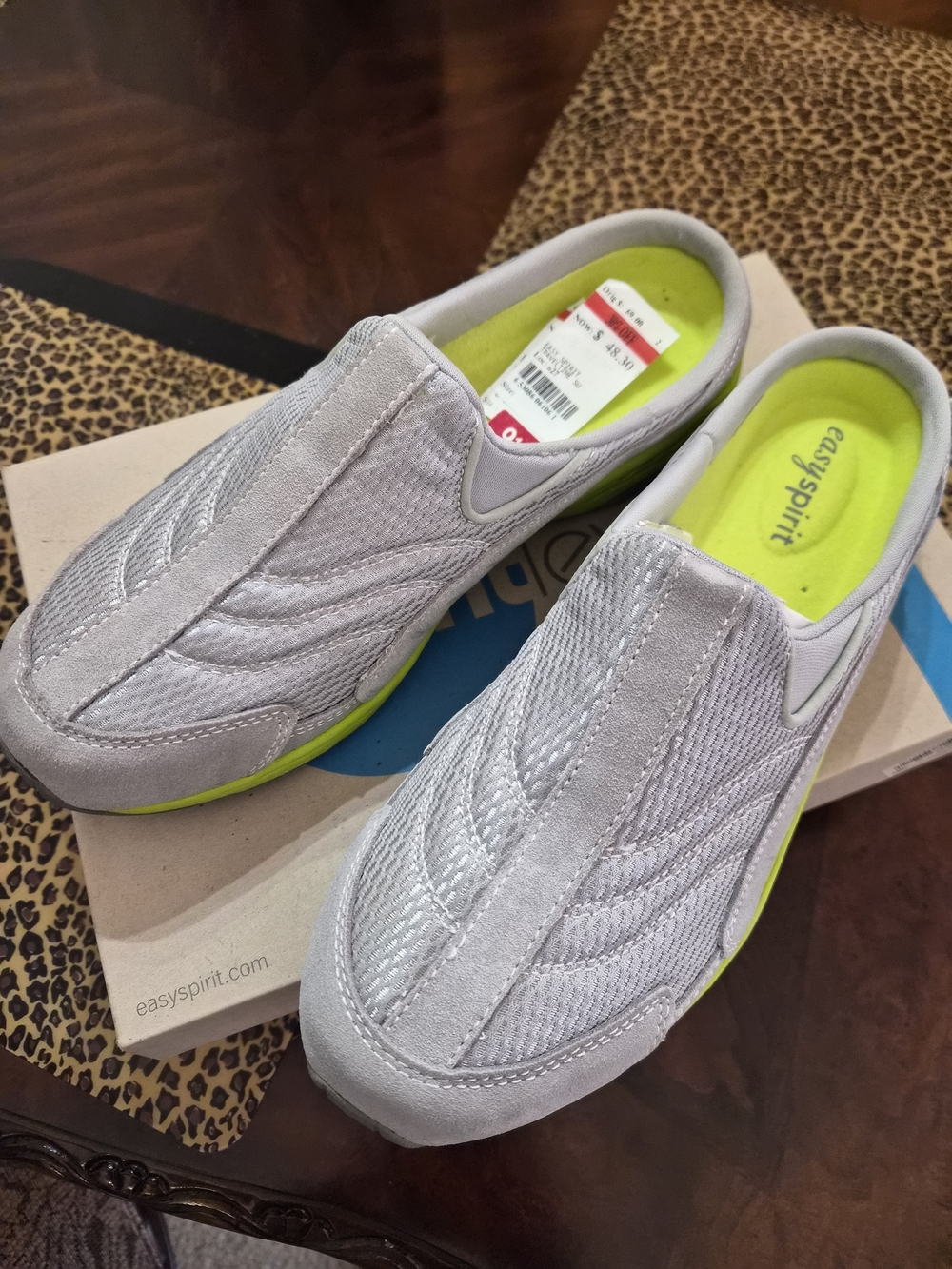 Easy Spirit Women’s Slip-On Loafers in Light Gray with Neon Lime Insole